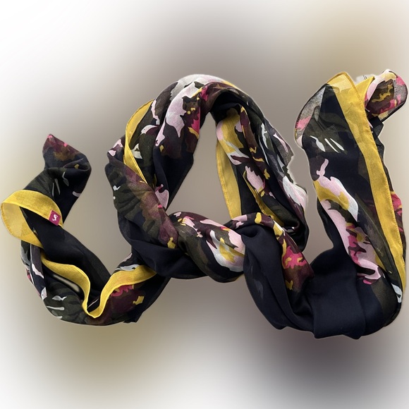 Like New Navy Scarf with Floral Print & Yellow Border—Joules Wensley 27.5” x 80” - Picture 12 of 17